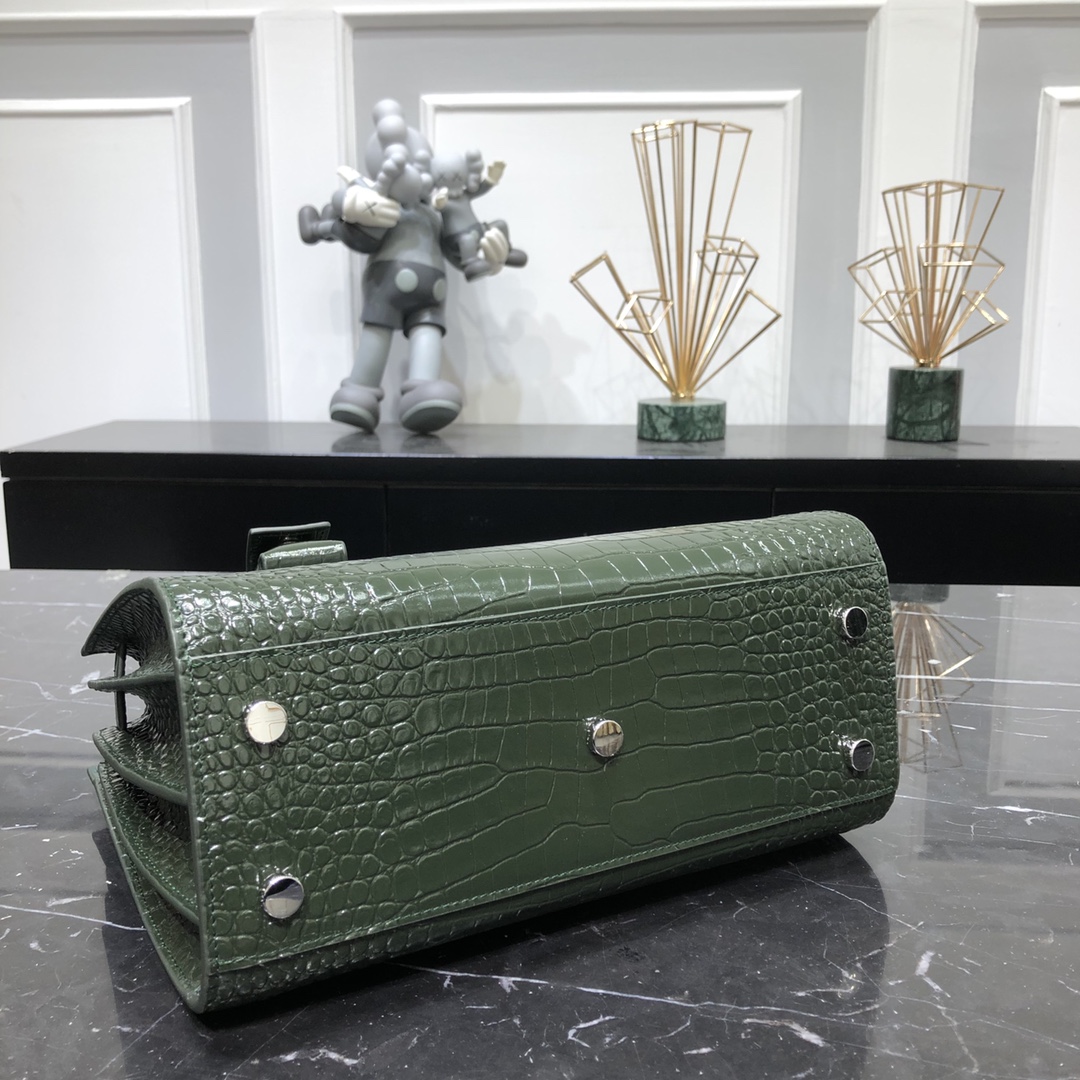 Saint Laurent Sac De Jour Baby Crocodile Embossed Calfskin Handbag Shoulder Bag Army Green 421863 Silver